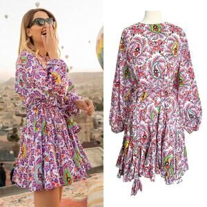 Rhode Ella Dress Purple Paisley Print Cotton Belted Mini Dress Size M